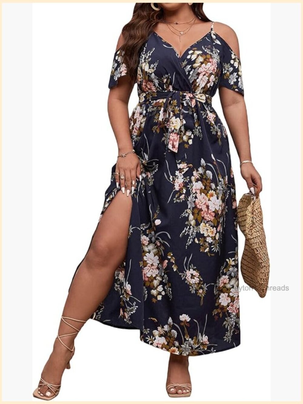 Plus Size Cold Shoulder Short Sleeve Split Thigh Maxi Dress with Belt